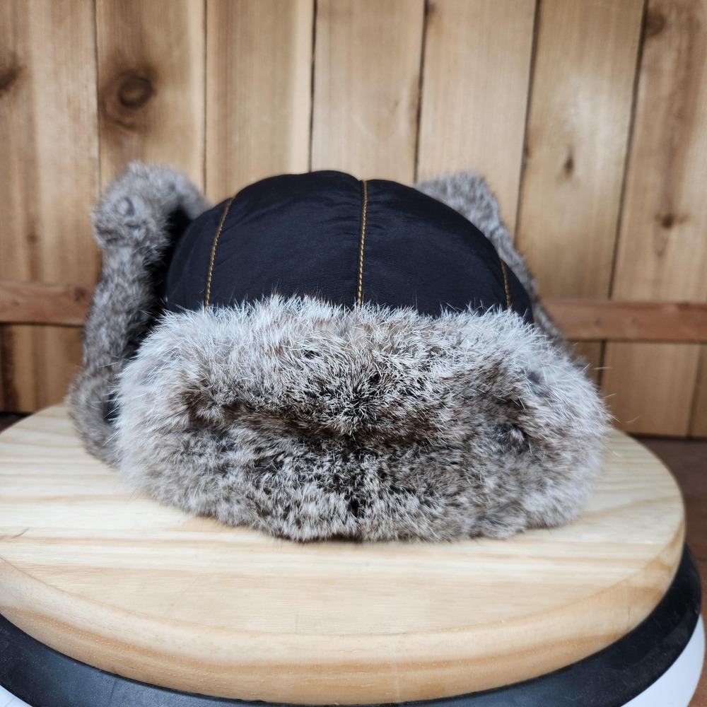 Mad Bomber Hat Trapper Fitted Mens XL Black Gray Rabbit Fur Ear Flap Winter Ski‎